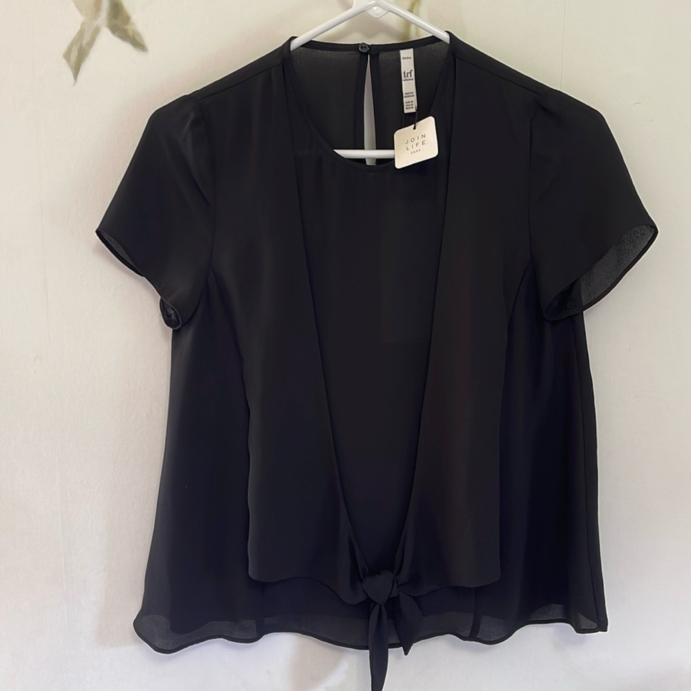 Zara Black Sheer short sleeve tie bottom Blouse